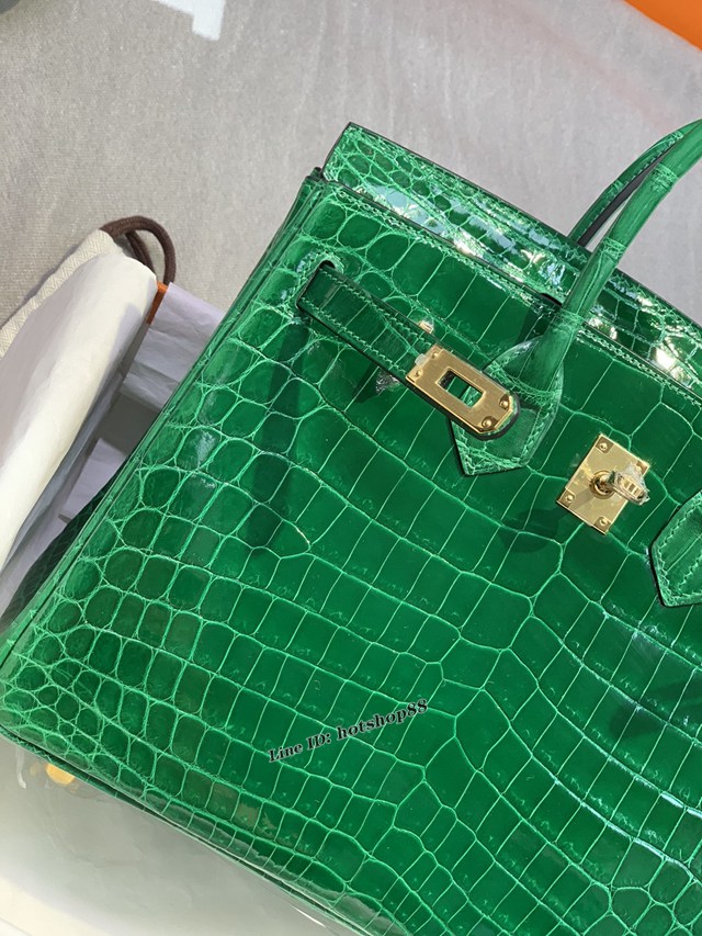 Hermes專櫃經典款鱷魚皮包 愛馬仕birkin25翠綠色尼羅高光三張皮銀扣全手工 ttd1517